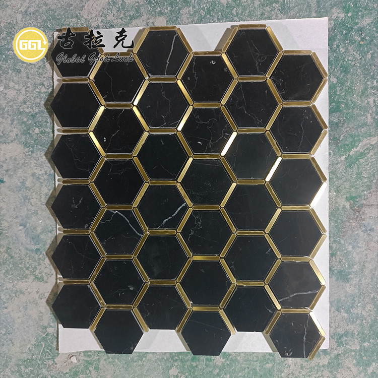 Nero Marquina Mermer Karışımı Bakır Mozaik Çini Su Jeti Altıgen Siyah Duvar Çini