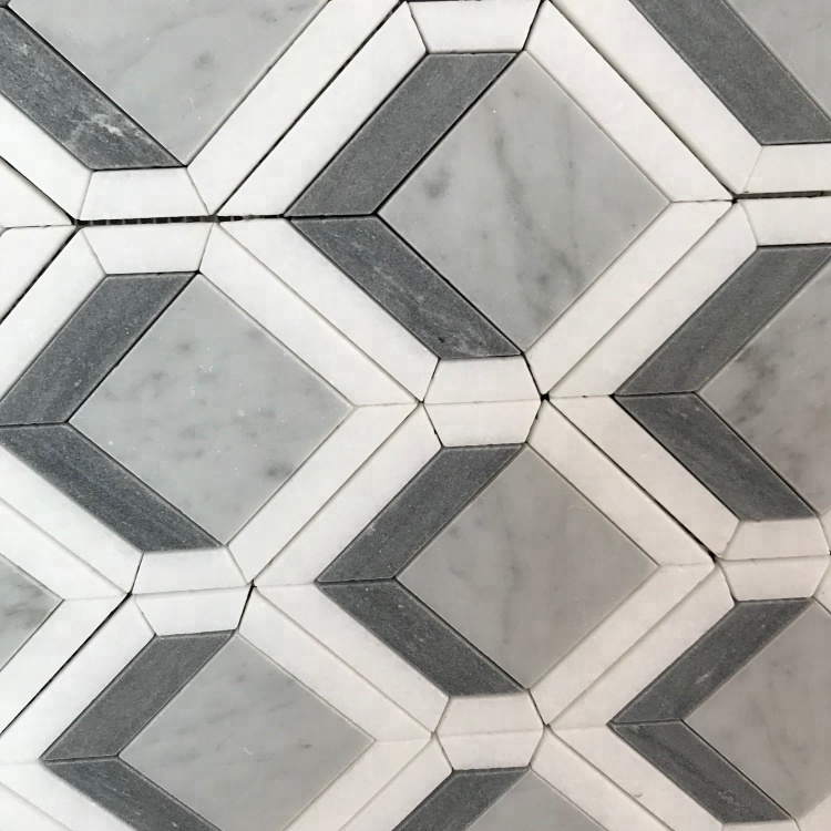 4 Zoll Thassos Weiße Mischkombinierte Hell- und Dunkelblaue Fliese Edles Diamantdesign Marmor Mosaikfliese für Kamin Dekoration