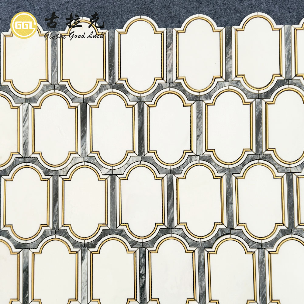 Bespoke Florence Grey Marble Mosaic with Brass Inlay | Architectural Waterjet Stone Design
