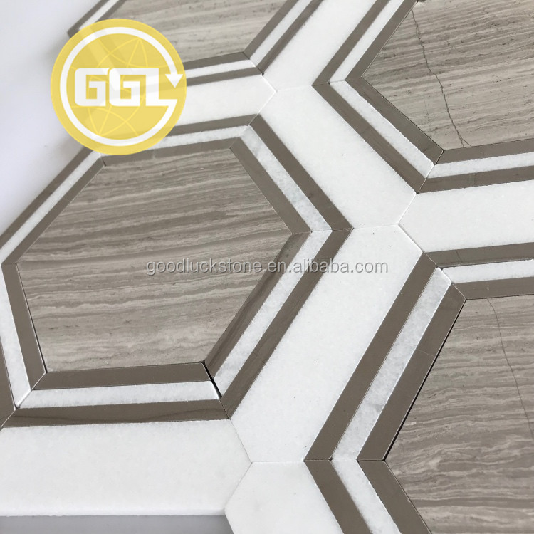 Holzbeige Marmor Unregelmäßige Sechseck Marmor Mosaikfliese