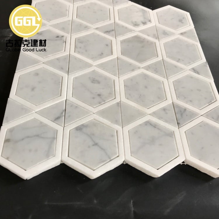 Hexagon Shape Mix Triangelmarmur Carrara Vit Parkett Egenskap Mosaiktavla