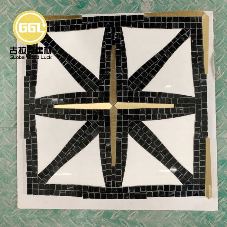 Naturweißer Marmor Mix mit schwarzer Einlage Messing Wasserstrahl Mosaikfliese