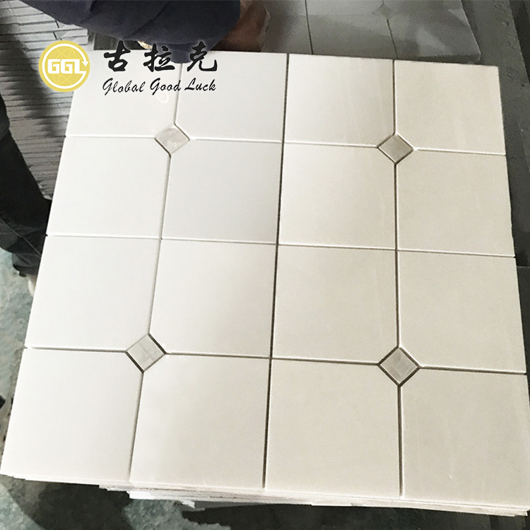 Square Thassos White Tile Shell Inlay Waterjet Mosaic Wall Tile für Badezimmerwände