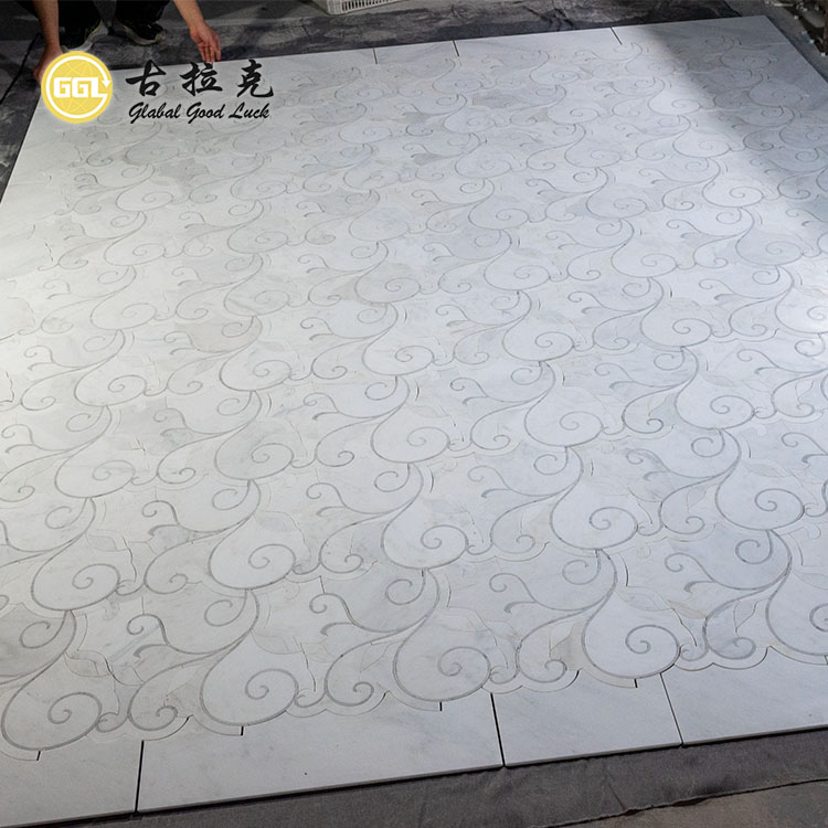 Azulejo Mosaico Waterjet de Mármol Blanco Natural con Diseño de Parquet Floral para Piso y Pared