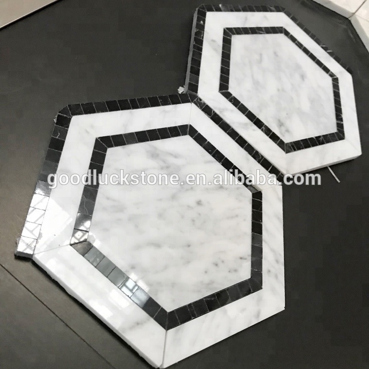 Carrara Weiß Misch Schwarz Nero Marquina Marmor große Sechseckform Marmor Mosaikfliese für Küche/Wohnzimmer Boden und Wand Dekor