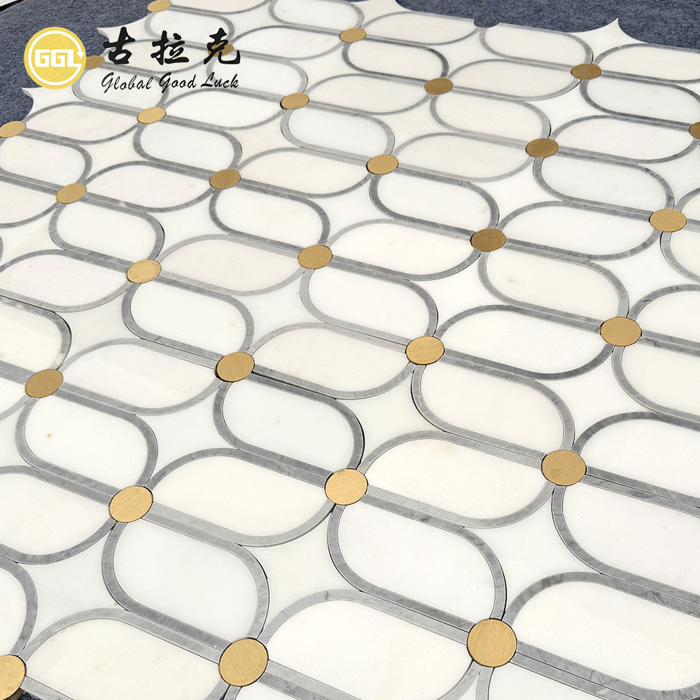 Luxury Waterjet Marble Mosaic Tile with Brass Inlay | Sichuan White & Italian Grey Marble