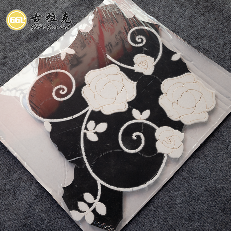 Mosaico de Lujo Negro con Blanco Mármol Diseño Floral por Chorro de Agua para Decoración Interior