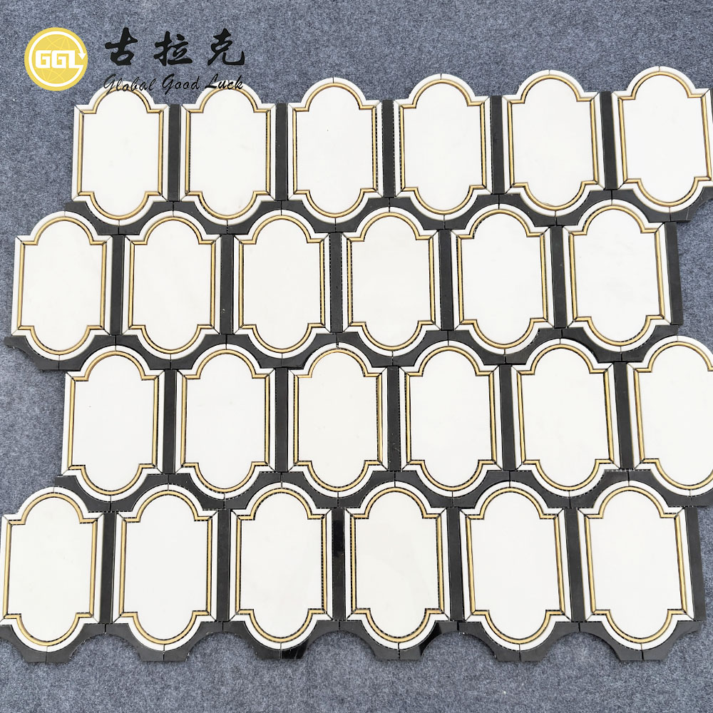 Classic Black & White Marble Waterjet Mosaic with Brass Inlay | Custom Stone Wall Tile