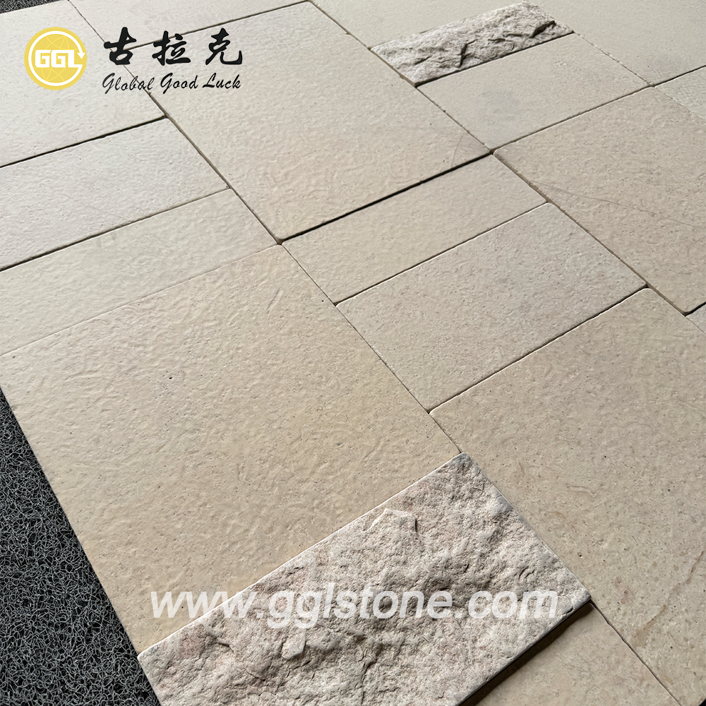 Moderne natürliche beige Kalkstein-Außenverkleidung in Parkett-Optik, Wandpaneel, individuell gestaltbare Steinwandfliese