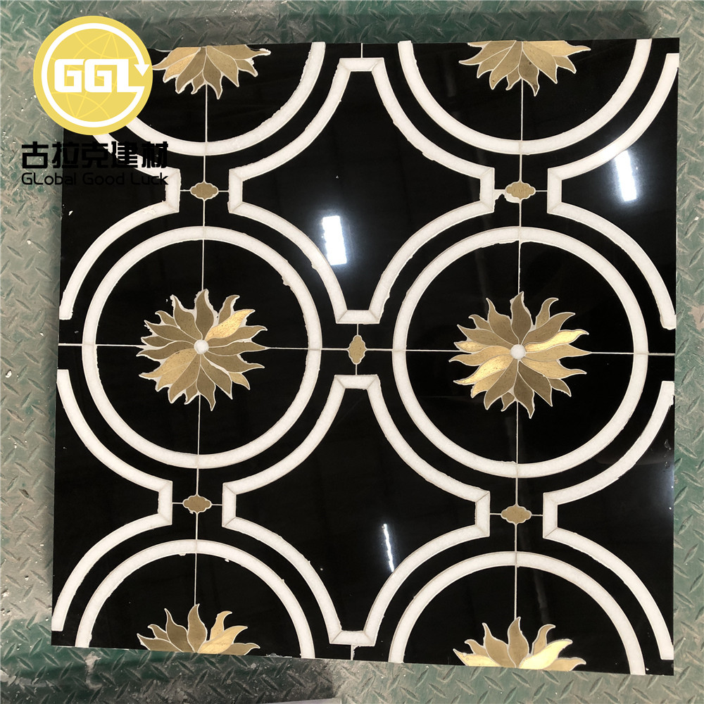 Schwarze Marmor Mosaikfliese Gold Sonnenblumenmuster Messing Einlegearbeiten für Wand- und Bodenfliesen