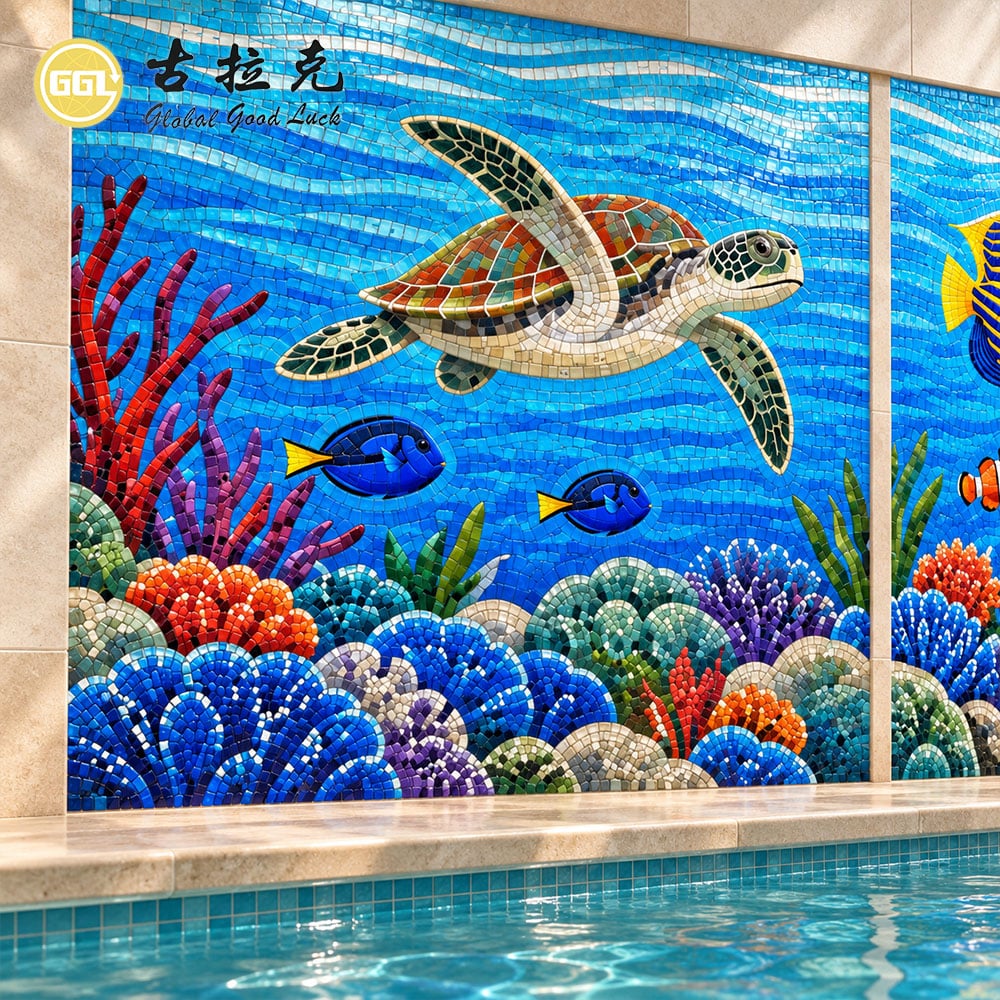 Custom Underwater Glass Mosaic Art Mural with Dolphin and Tropical Fish for Pool Walls

