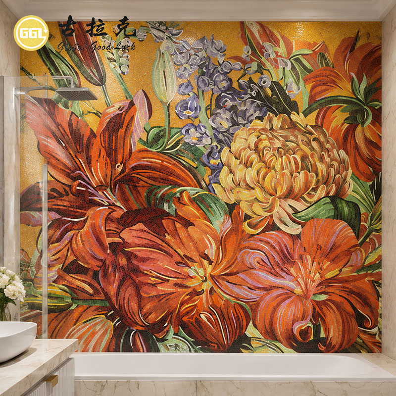 Handmade Custom Flower Glass Mosaic Wall Mural – Floral Art Decoration
