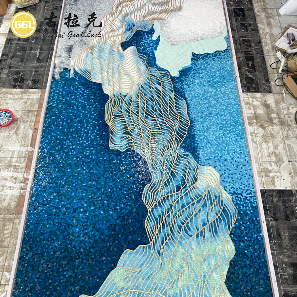 Blue Gold Abstract Mosaic Mural – Luxury Handmade Mosaic Wall Art for Modern Interior Spaces
