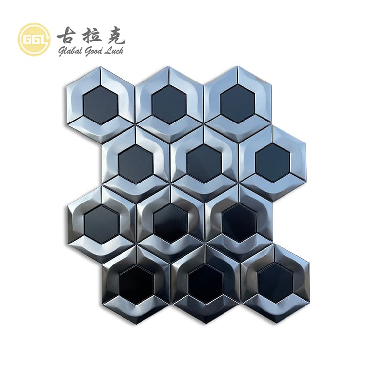 plăci de mozaic din oțel inoxidabil 3D pentru backsplash, plăci de mozaic metalic hexagonal argintiu