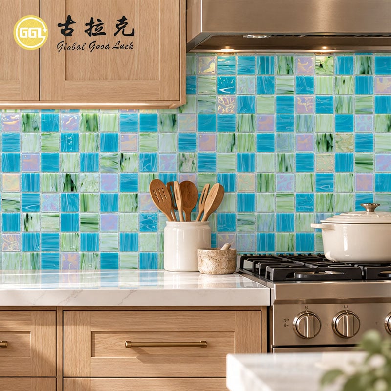 Aqua Blue & Green Iridescent Glass Mosaic Tile | GGL