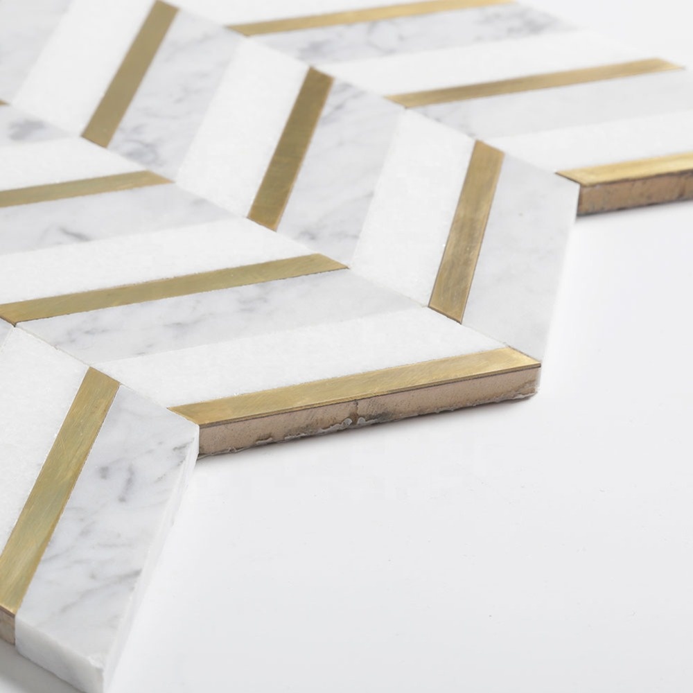 Natural White Marble Mix Brass Chevron Marble Mosaic Tile