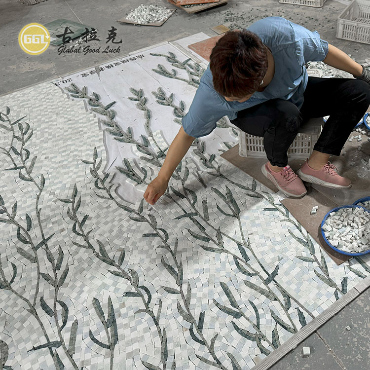 Corte a chorro de agua Azulejo Patrón de Hoja Mosaico para Decoración de Paredes de Hotel