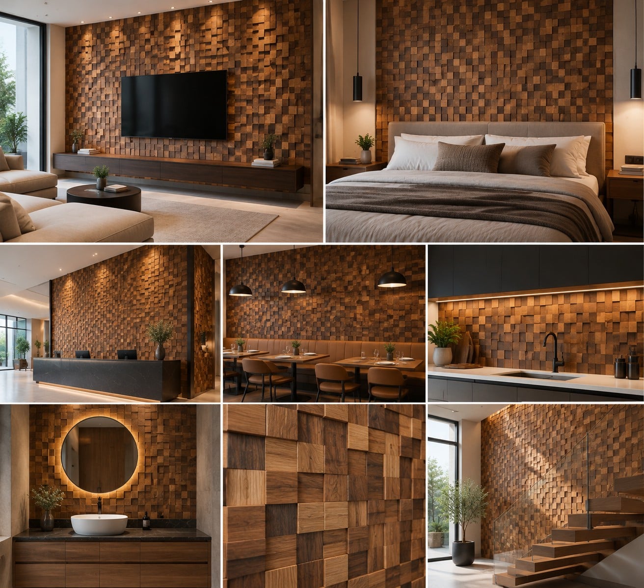 Natural Wood Mosaic Wall Panel – 3D Decorative Wood Wall Cladding for Luxury Interiors