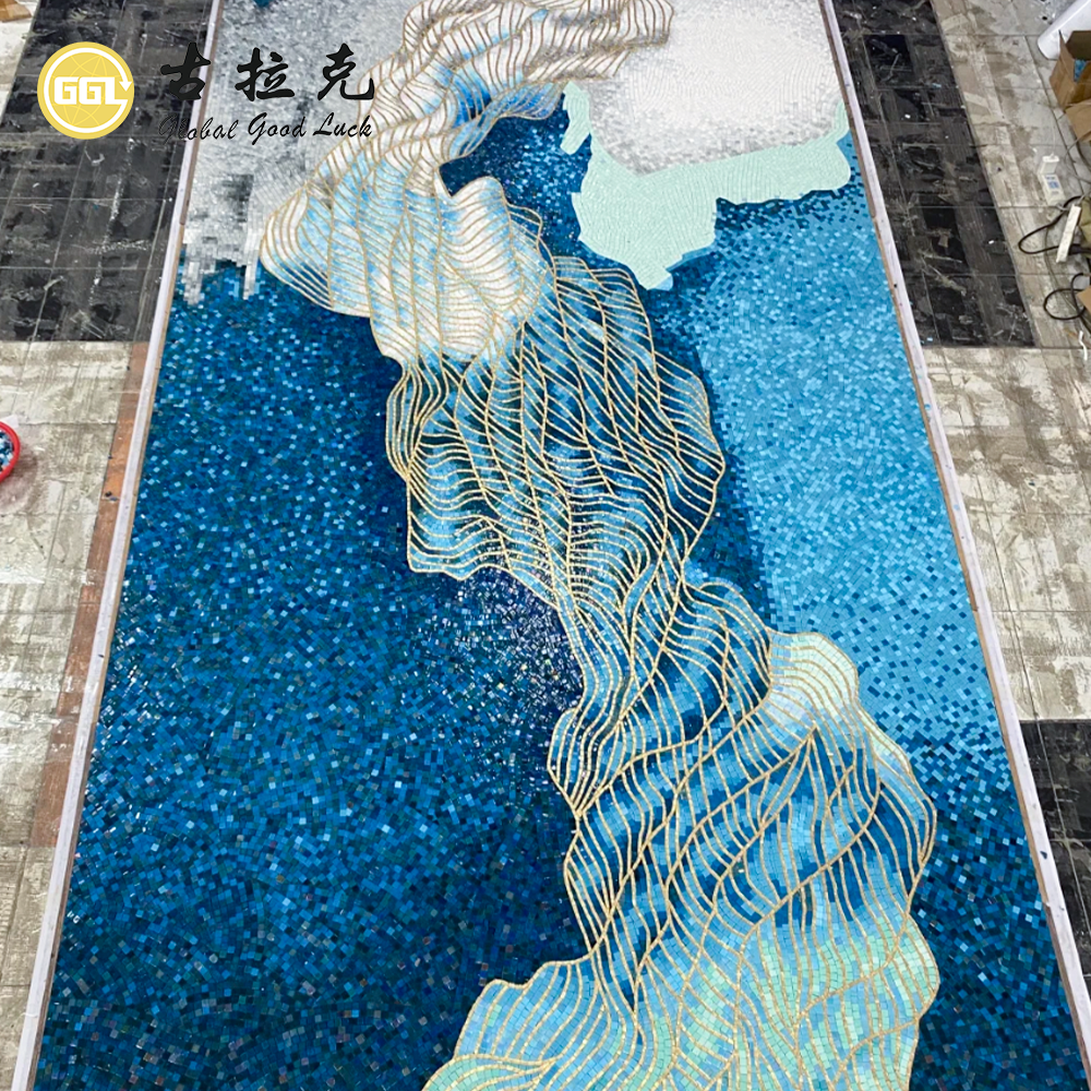 Blue Gold Abstract Mosaic Mural – Luxury Handmade Mosaic Wall Art for Modern Interior Spaces