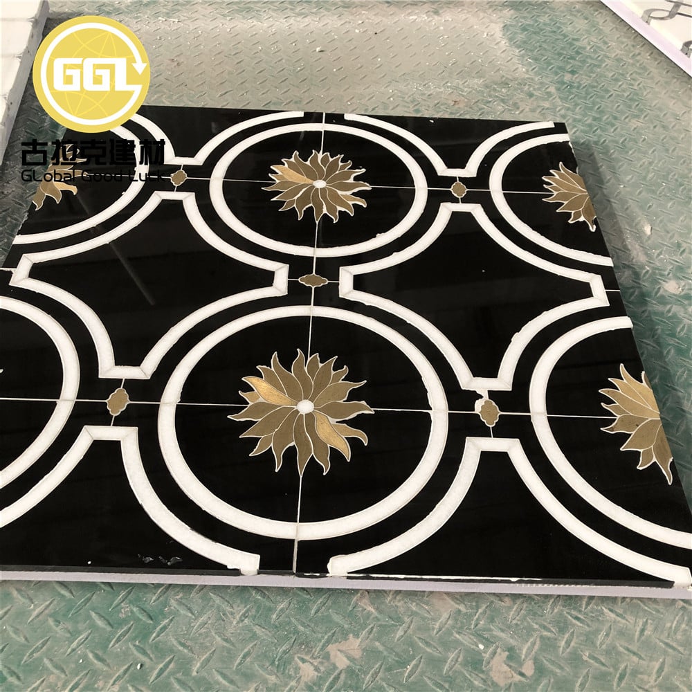 Schwarze Marmor Mosaikfliese Gold Sonnenblumenmuster Messing Einlegearbeiten für Wand- und Bodenfliesen