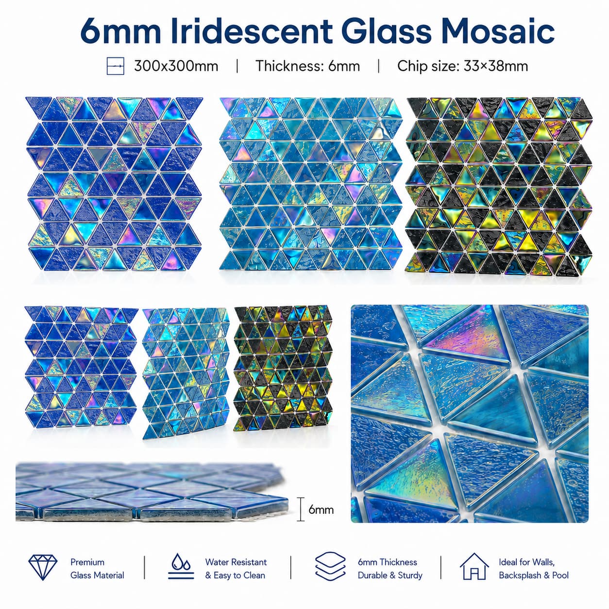 Mosaik Kaca Kristal Berbentuk Segitiga dengan Pelangi | Ubin Kaca Iridesen untuk Kolam Renang dan Desain Interior