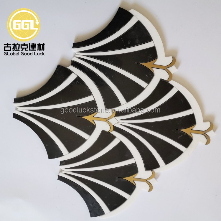 Alb Mix Negru Formă de Fan Marmură Waterjet Mozaic Inlay Bront Design