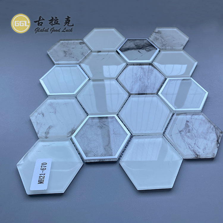 White Glass Mosaic With Stone Pattern Crystal Glass Mosaic Tile Wall Decor