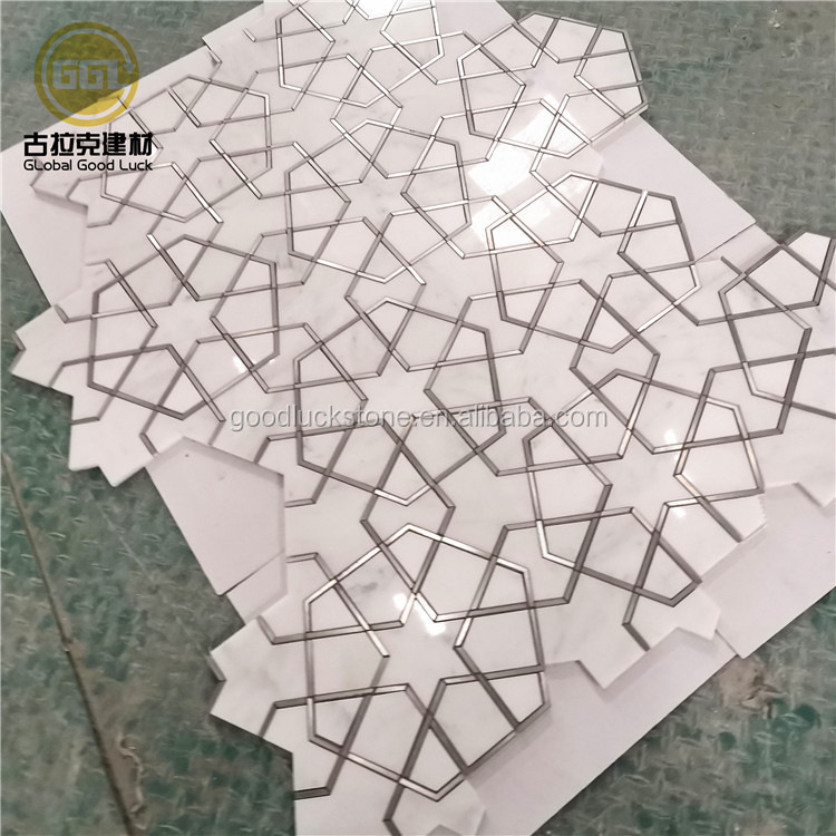 Azulejo de mosaico hexagonal con incrustaciones de acero inoxidable, azulejo de mármol cortado por chorro de agua para decoración del hogar