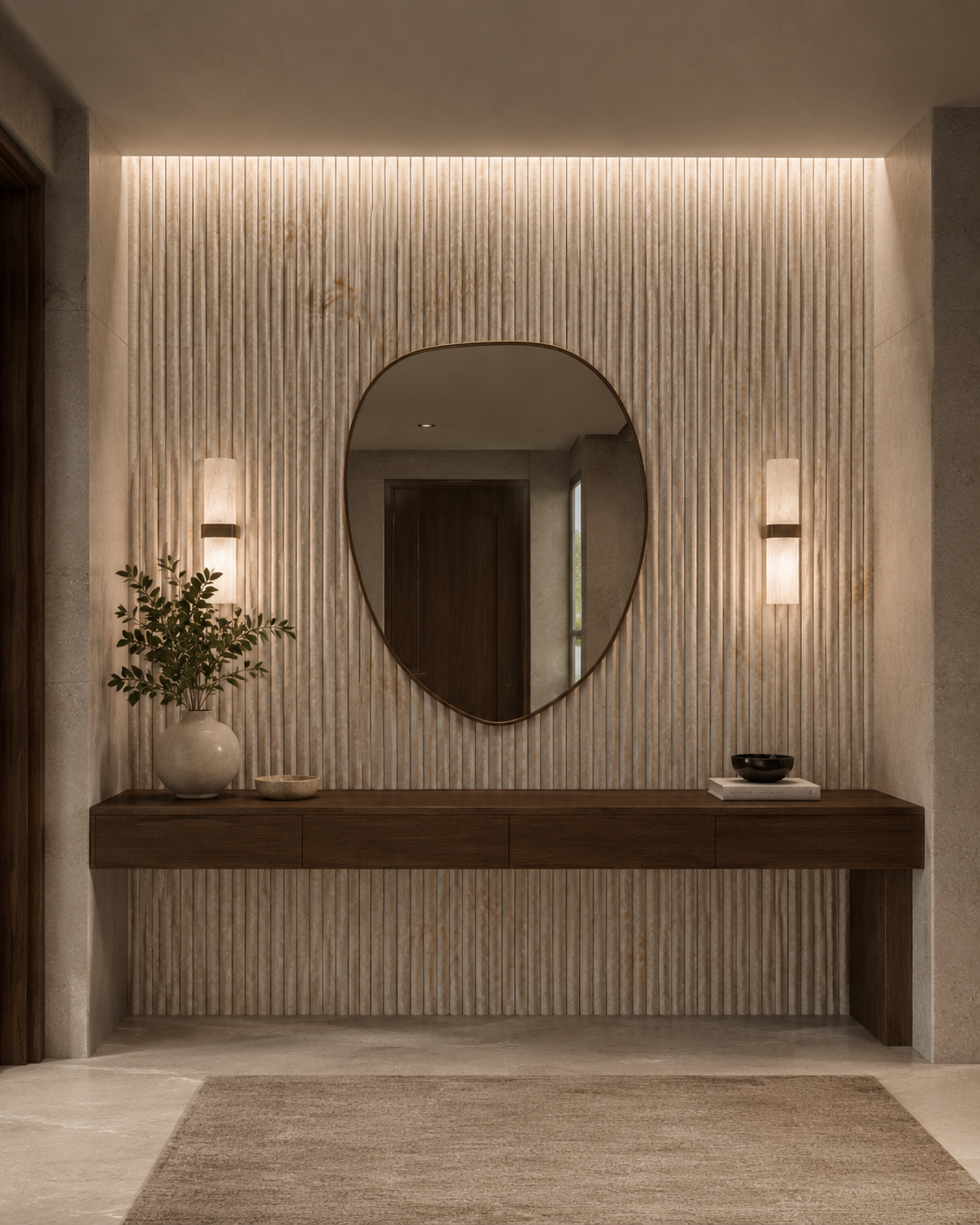 Detail view of Taj Mahal Quartzite surface with soft gold veining and parallel stone flute ridges