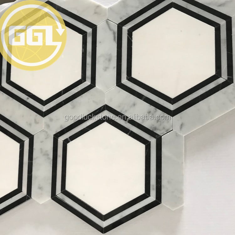 Poliertes Carrara-Weiß-Marmor-Mix-Nero-Schwarz-Marmor-Hexagon-Form-Mosaik-Kachel Für Heim/Villa-Wand/Boden-Design