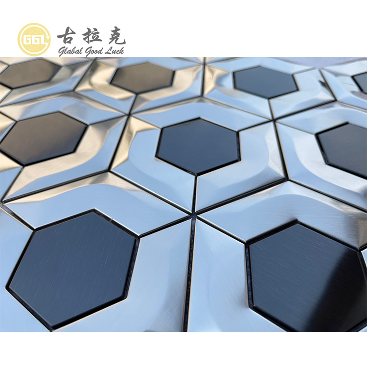 3D Vlekvrye Staal Mosaïek Backsplash Seshoek Silwer Metaal Mosaïek Teël