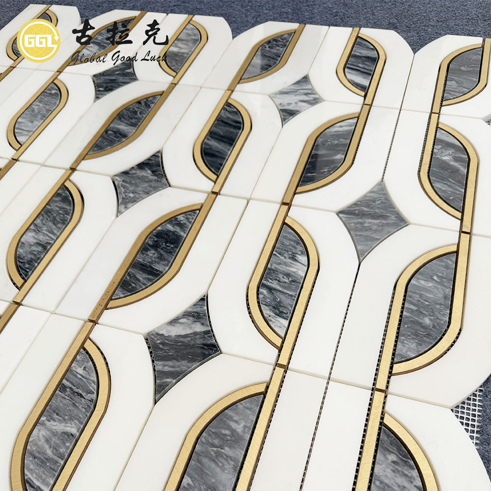 Natural Marble Waterjet Mosaic Tile with Brass Inlay | Florence Grey & White Marble Design
