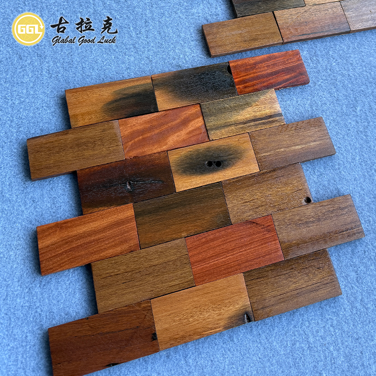 Rustic Brick Wood Mosaic Tiles – Natural Mixed Brown Wooden Wall Panels