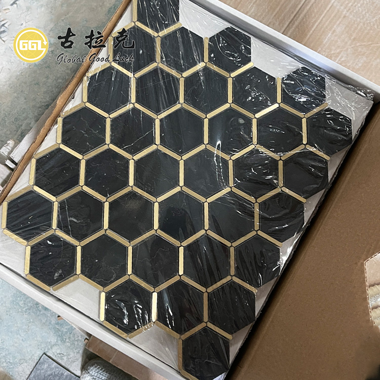 Nero Marquina Mermer Karışımı Bakır Mozaik Çini Su Jeti Altıgen Siyah Duvar Çini