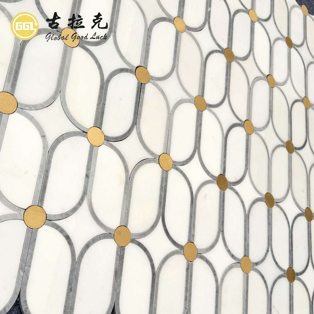 Luxury Waterjet Marble Mosaic Tile with Brass Inlay | Sichuan White & Italian Grey Marble