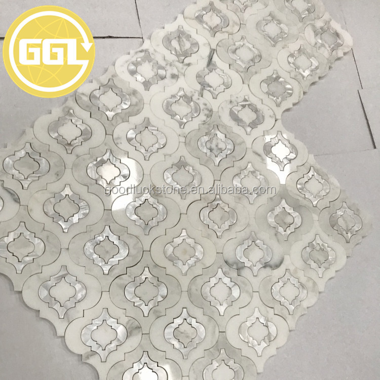 Piso Mosaico de Mármore Waterjet em Forma de Lantern com Concha de Pérola Branca