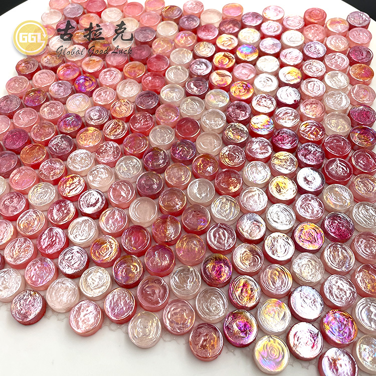 Mosaik Kaca Artis Berbentuk Bulat Berwarna Merah Muda dengan Pelangi | Ubin Kaca Kristal Buatan Tangan 8 mm