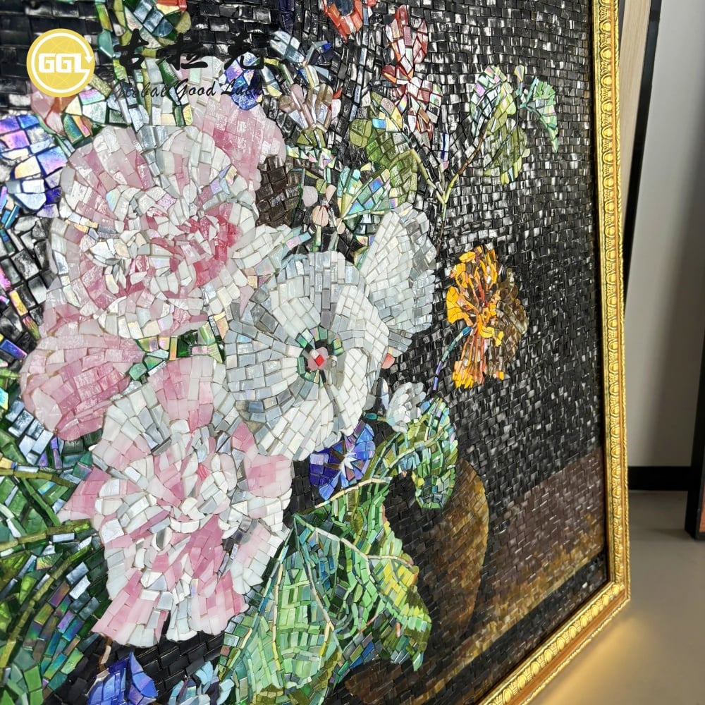 Handmade Natural Glass Mosaic Floral Artwork – Luxury Flower Stone Wall Art
