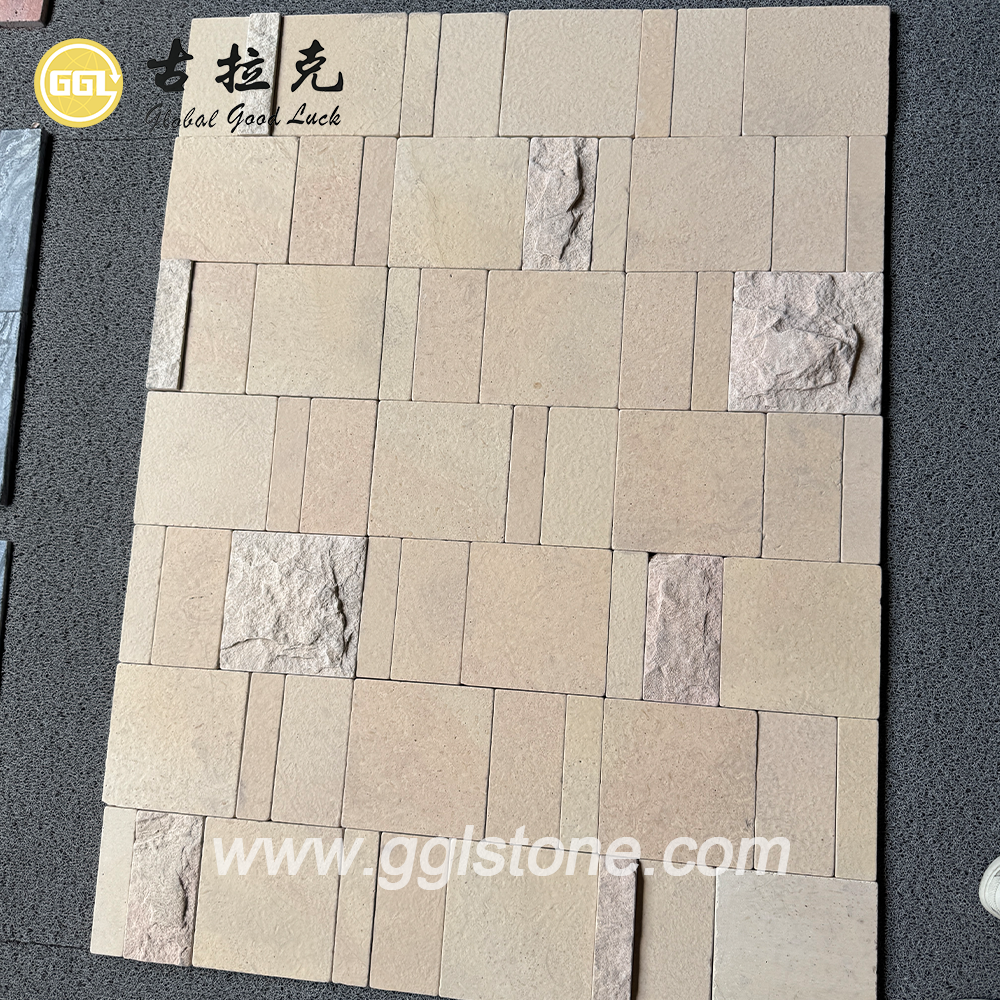 Moderne natürliche beige Kalkstein-Außenverkleidung in Parkett-Optik, Wandpaneel, individuell gestaltbare Steinwandfliese