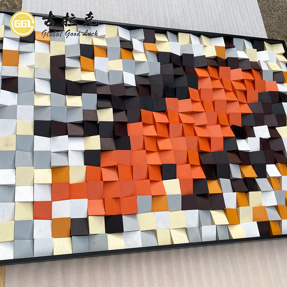 Handmade 3D Abstract Wood Mosaic Mural with Orange & Black Tones