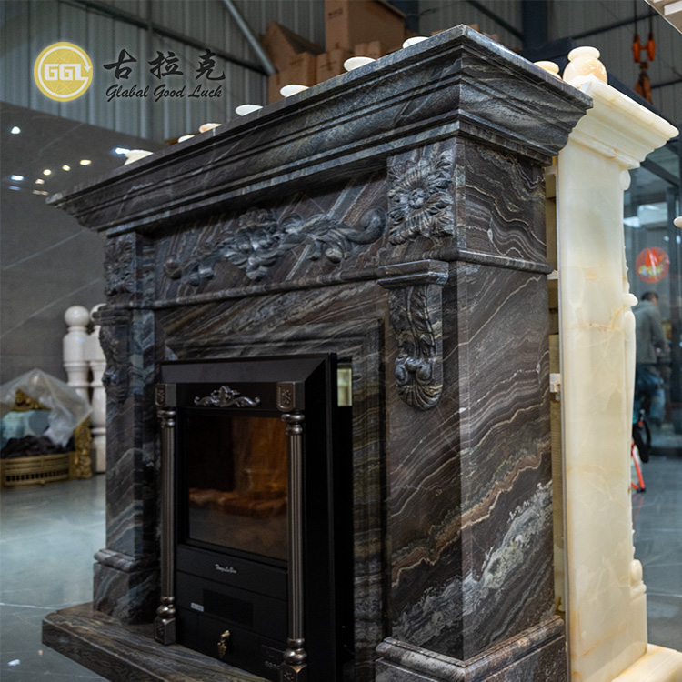 Estilo francés: decoración interior para el hogar, marco de piedra negro de lujo y autónomo para chimenea