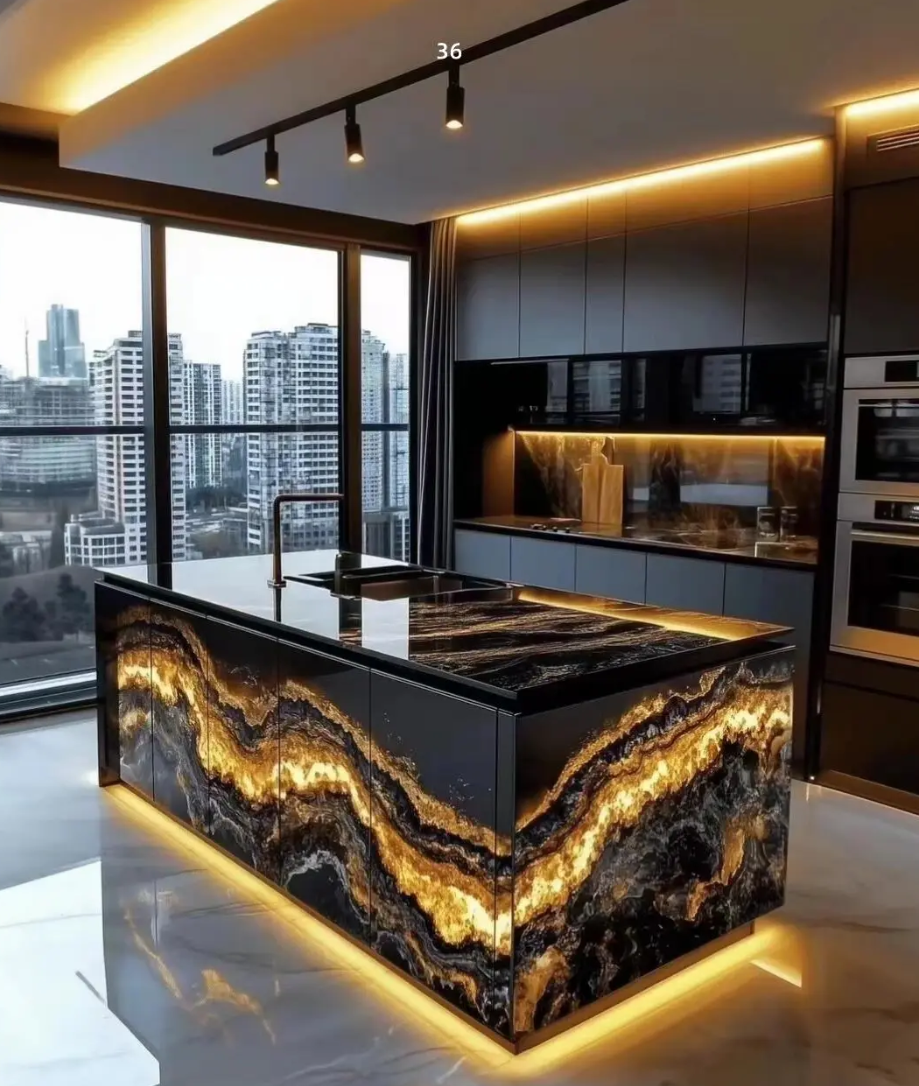 Gold Silk Granite luxury kitchen island in a modern interior