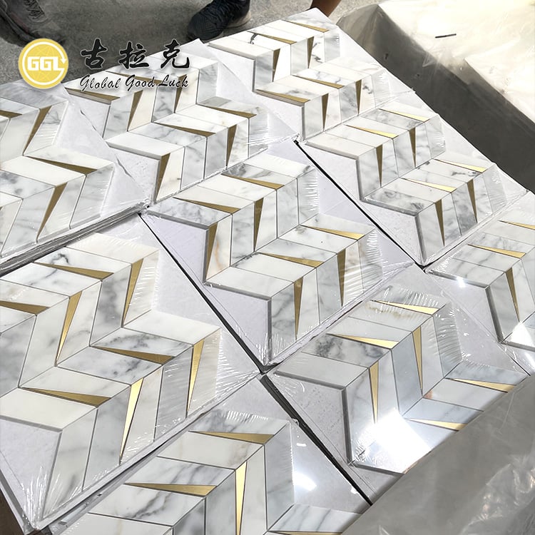 Calacatta Gold Marble Mixed Brass Chevron Mosaic Mosaic Tile