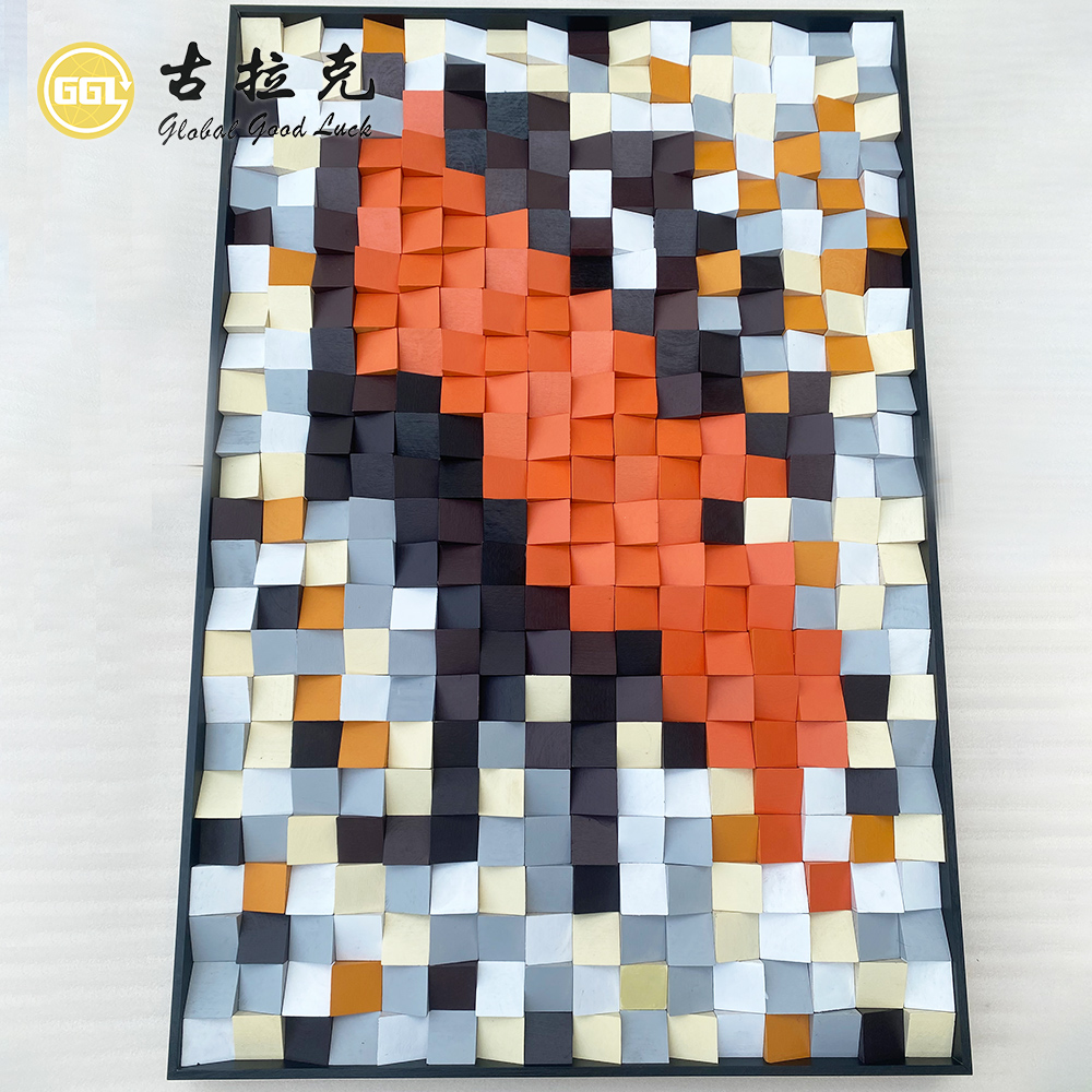 Handmade 3D Abstract Wood Mosaic Mural with Orange & Black Tones
