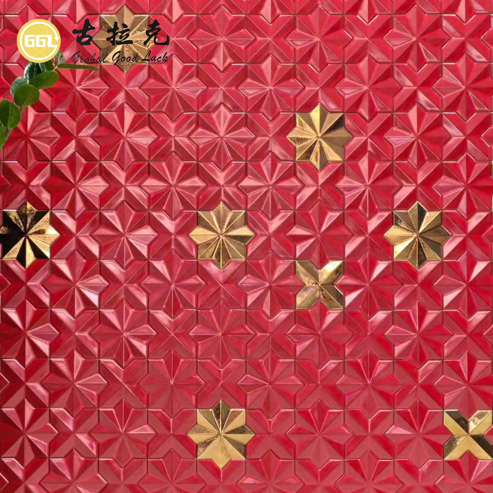 Red 3D Star Pattern Ceramic Mosaic Tile with Gold Accents for Decorative Walls
