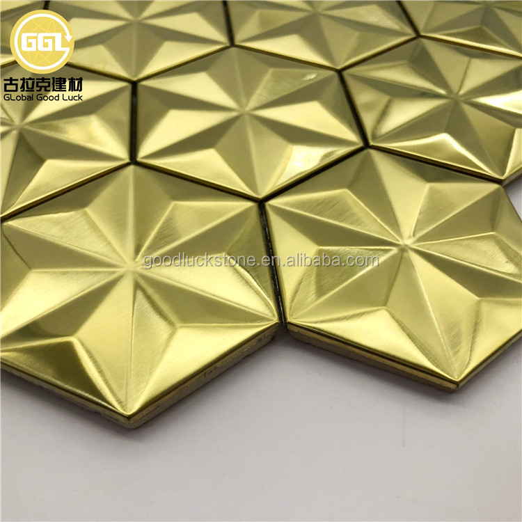 Sechseck 3D-Effekt Edelstahl Gold Metall Mosaik Backsplash Wandfliese