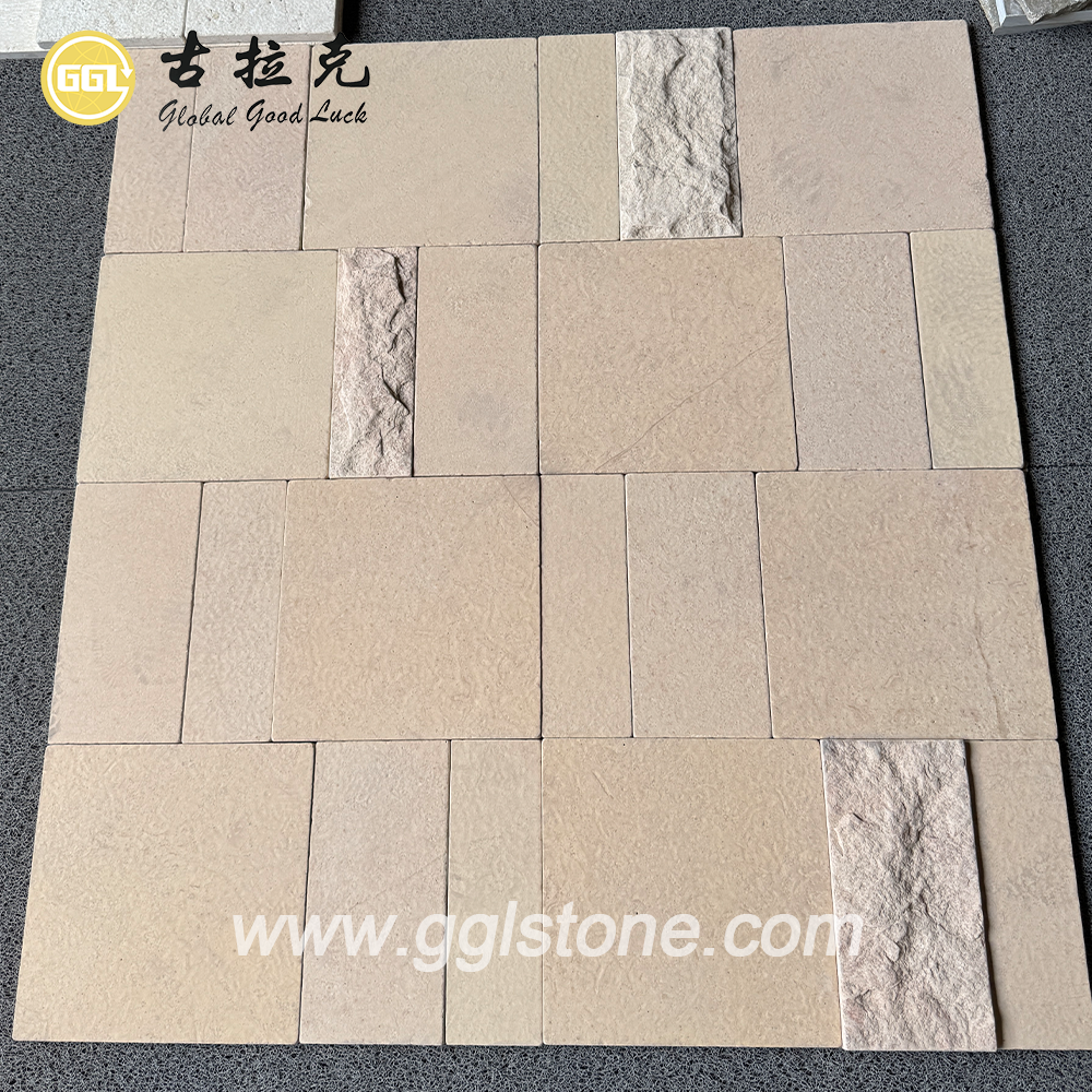 Moderne natürliche beige Kalkstein-Außenverkleidung in Parkett-Optik, Wandpaneel, individuell gestaltbare Steinwandfliese