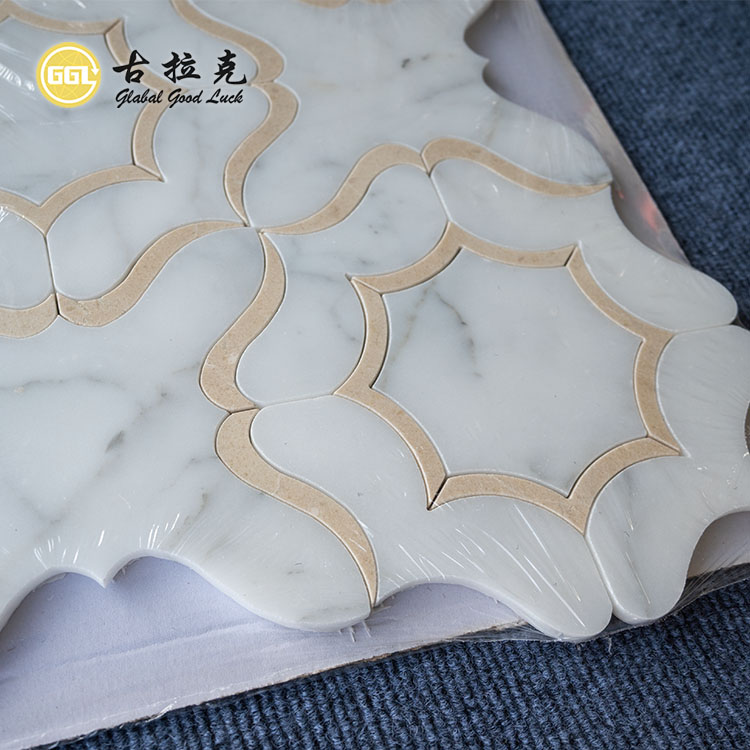 Calacatta White Mix Beige Patterns Marble Waterjet Mosaic Tile for Interior Decor
