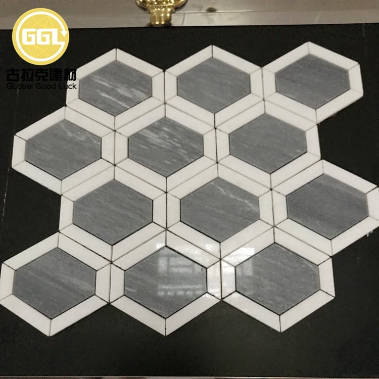 4 Zoll Sechseckmuster Marmor Grau Mix Weiß Mosaikfliese für Badezimmer Rückwand Wand Boden Dekor