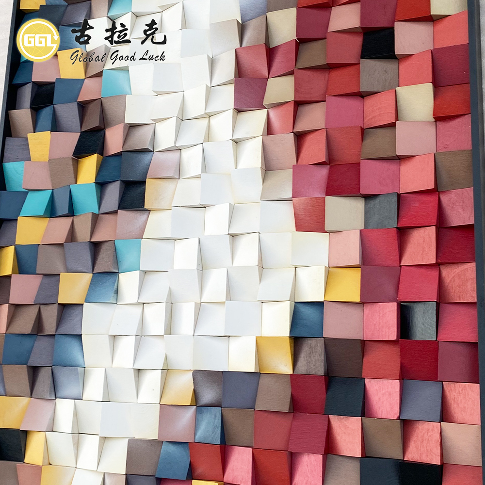 Handmade 3D Abstract Color Block Wood Mosaic Mural